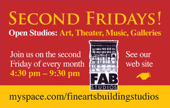 Join us on the 2nd Friday of every month from 4:30pm to 9:30pm for open studios!